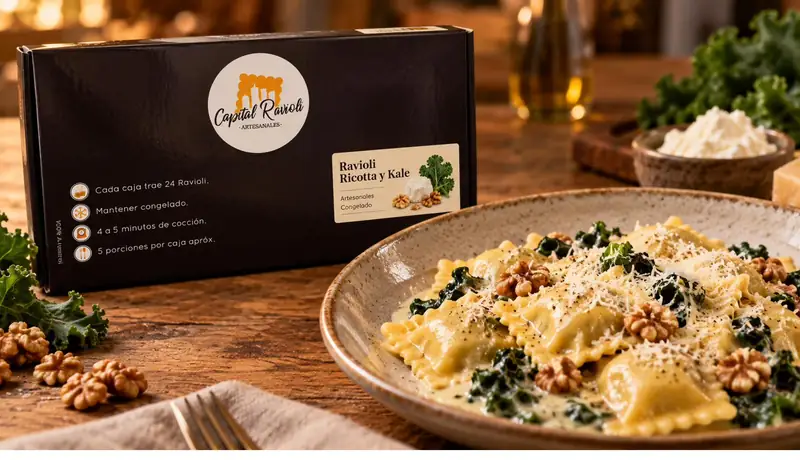 Ravioli ricotta y kale
